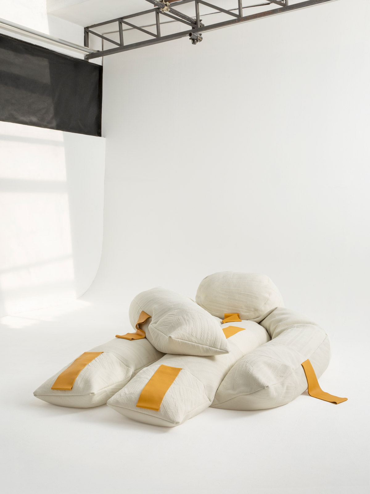 Still life view of Soft Monuments, oversized upholstered seat for collectible design galleries